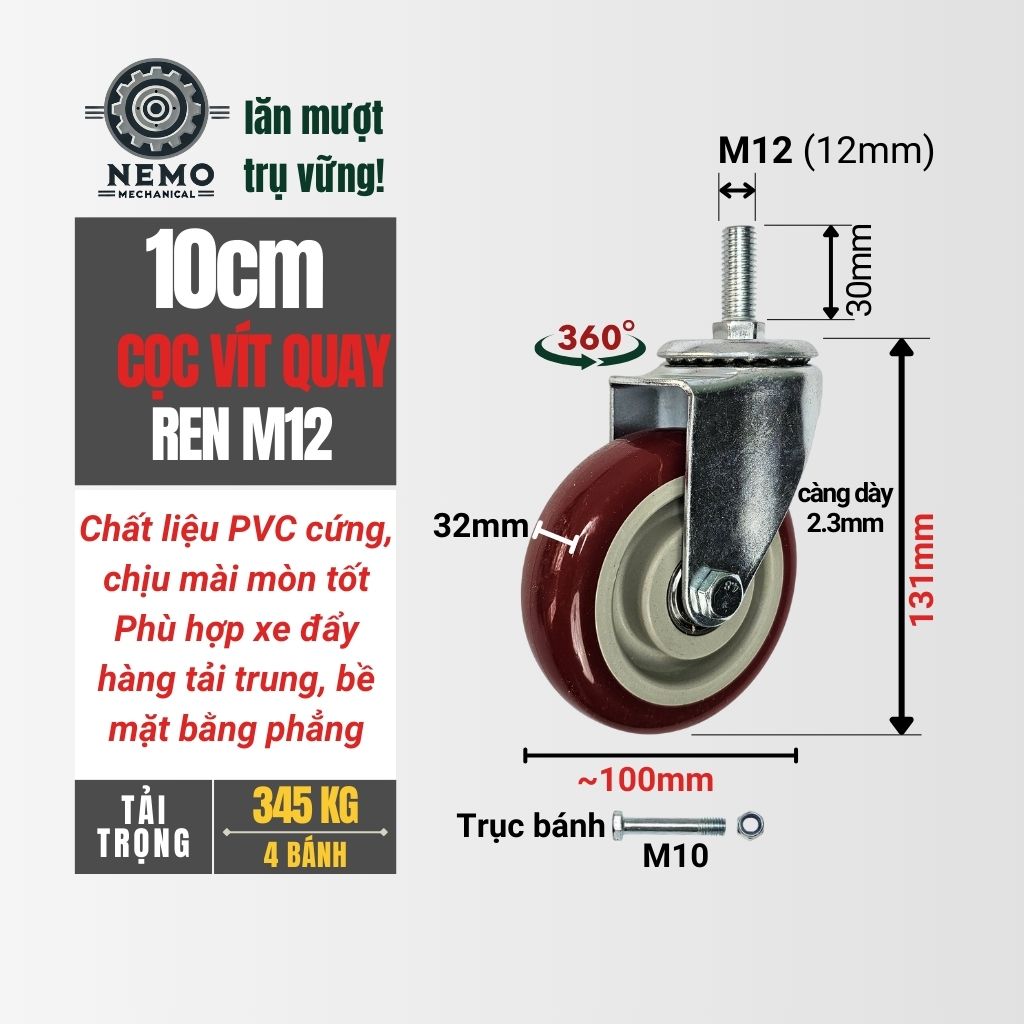 Bánh Xe PVC Đỏ Mận Cọc Vít M12 (D75, D100, D125)